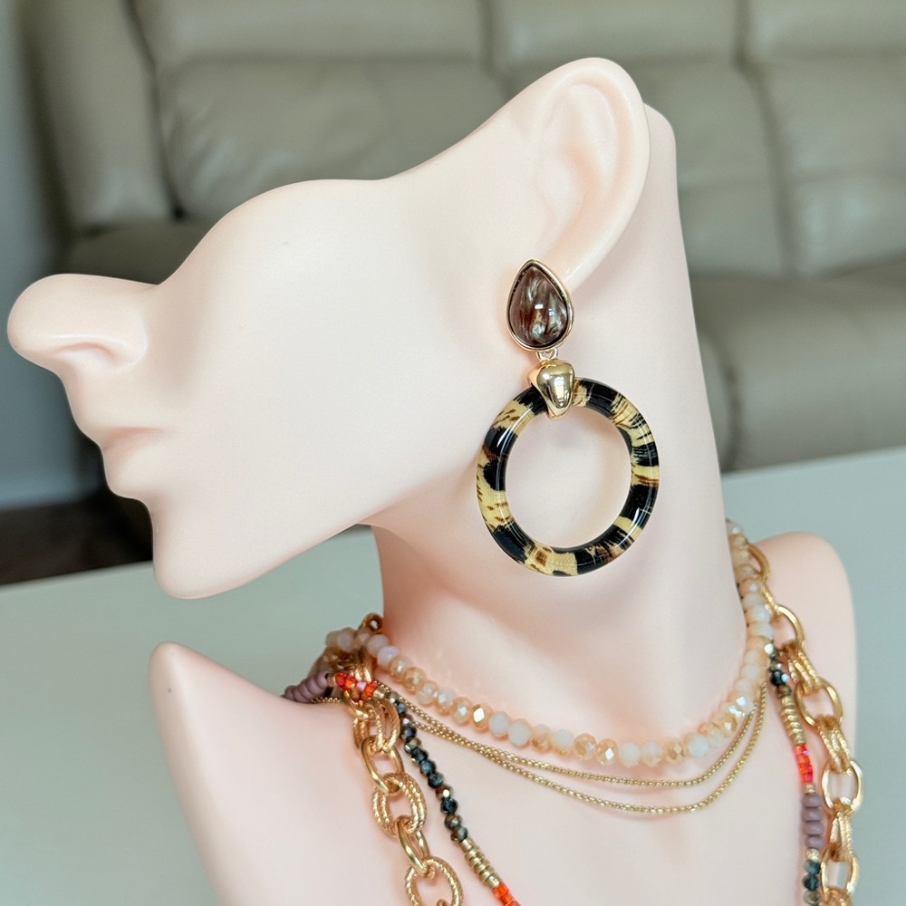 Gold and Tortoiseshell Hoop Drop Earrings - Women's Fashion Jewelry
